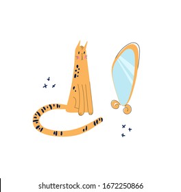 Cute hand drawn poster of a beautiful cat that looks in the mirror. Illustration A slender cat examines its color with a speck. Vector drawing of a kitten for print, textiles, posters, cards, t-shirts