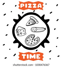 Cute hand drawn poster for cafe with sketch style pizza. Cartoon doodle illustration.