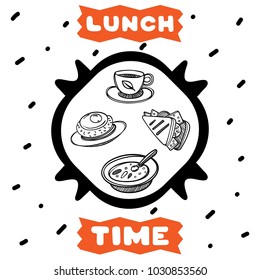 Cute hand drawn poster for cafe with sketch style cup of tea, sandwich, meat cutlet and bowl of soup. Cartoon doodle illustration. lunch time concept.