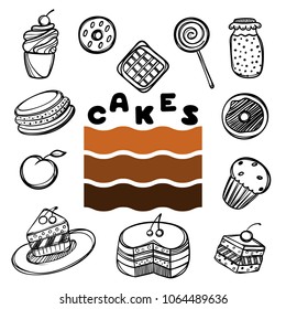 Cute hand drawn poster for cafe with sketch style cakes. Cartoon doodle illustration.