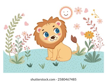 Cute hand drawn posters with lion. Wild adorable character. Lovely mammal sitting cartoon style. Jungle life clipart vector design.