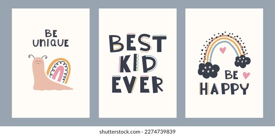 Cute hand drawn posters with rainbow, education elements in boho style. Cartoon doodle print with letters for nursery. Design for card, label, brochure, book cover, poster, flyer, banner