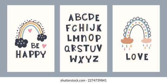 Cute hand drawn posters with rainbow, education elements in boho style. Cartoon doodle print with letters for nursery. Design for card, label, brochure, book cover, poster, flyer, banner