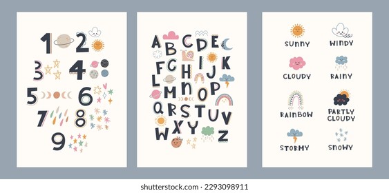 Cute hand drawn posters with rainbow, weather, education elements in boho style. Cartoon doodle print with Numbers and Alphabet for nursery. Design for card, label, brochure, book cover, poster, flye