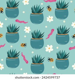 cute hand drawn potted cactus seamless vector pattern background illustration with daisy flowers, ladybugs, worm and polka dots
