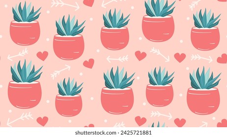 cute hand drawn potted cactus seamless vector pattern background illustration with red hearts, arrows and polka dots