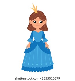 Cute hand drawn princess in a blue dress. White background, isolate
