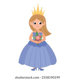Cute hand drawn princess in a blue dress. White background, isolate
