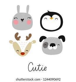 Cute hand drawn print with bear, fox, deer, bunny. Hand drawn modern print for posters, cards, t-shirts.