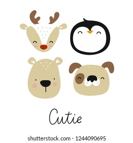 Cute hand drawn print with bear, fox, deer, bunny. Hand drawn modern print for posters, cards, t-shirts.