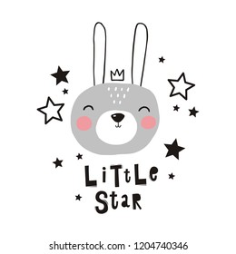 Cute hand drawn print with bunny.  Hand drawn modern print for posters, cards, t-shirts.