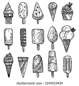 Cute hand drawn print, card or poster. Ice cream with smiling faces. Sketch flat ice cream in waffle cones, ice lolly. Kawaii cartoon characters. Fun happy doodles for kids. Vector