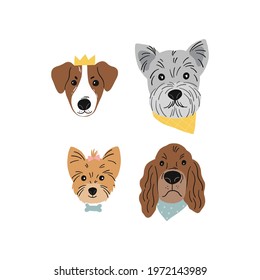 Cute hand drawn print with dog in flat style. Cartoon dog portrait