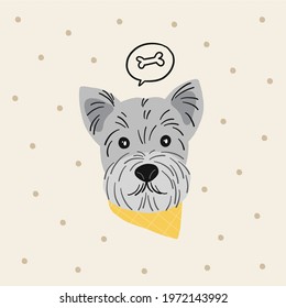 Cute hand drawn print with dog in flat style. Cartoon dog portrait