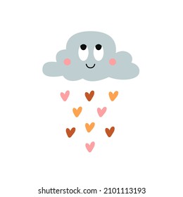 Huella dibujada a mano con una feliz nube sonriente y llueve el corazón. Ilustración vectorial moderna.