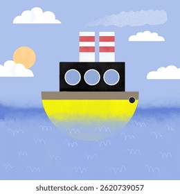 Impressão Bonita Desenhada À Mão Com Pequeno Barco A Vapor Amarelo Navegando No Mar. Ilustração Vetorial De Desenho Infantil Com Nave Engraçada, Sol, Nuvens E Água Oceânica. Cores RGB.