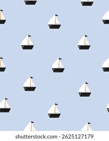 Cute Hand Drawn Print With Small Sailboats On The Sea. Childish Drawing-like Seamless Vector Pattern With Regatta Boats On a Wavy Water. Marine Wallpaper. White-black Boats On a Blue Background. RGB.