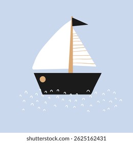 Cute Hand Drawn Print With Small Sailboat On The Sea. Childish Drawing-like Vector Illustration With Regatta Boat On a Wavy Water. Marine Wall Art. White-black Boat On a Blue Background. RGB.