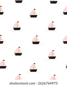 Cute Hand Drawn Print With Small Sailboats On The Sea. Childish Drawing-like Seamless Vector Pattern With Regatta Boats On a Wavy Water. Marine Wallpaper. Pink-black Boats On a White Background. RGB.