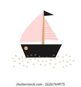 Cute Hand Drawn Print With Small Sailboat On The Sea. Childish Drawing-like Vector Illustration With Regatta Boat On a Wavy Water. Marine Wall Art. Pink-black Boat On a White Background. RGB.