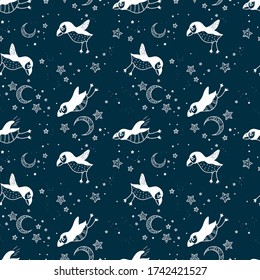 Cute hand drawn puffin seamless pattern, lovely doodle birds background, great for textiles, banners, wallpapers - vector design