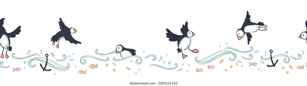 Cute hand drawn puffin seamless pattern, lovely doodle birds background, great for textiles, banners, wallpapers - vector design