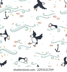 Cute hand drawn puffin seamless pattern, lovely doodle birds background, great for textiles, banners, wallpapers - vector design svg