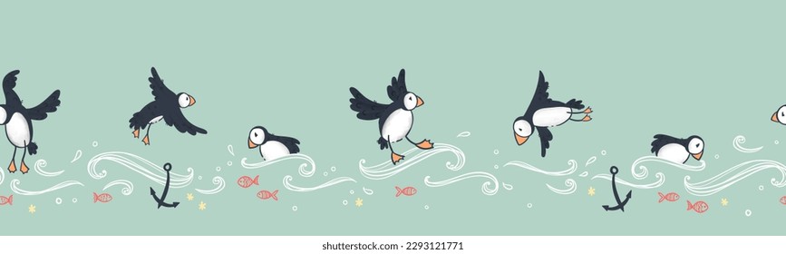 Cute hand drawn puffin seamless pattern, lovely doodle birds background, great for textiles, banners, wallpapers - vector design