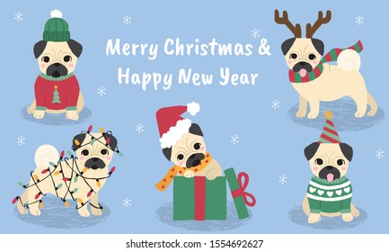 Cute hand drawn Pug dogs in winter clipart