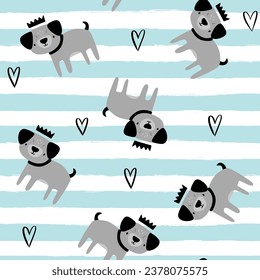 cute hand drawn pug puppy on a blue stripes background, kids semless pattern for textile or wrapping paper