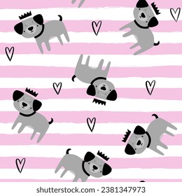 cute hand drawn pug puppy on a pink stripes background, kids semless pattern for textile or wrapping paper