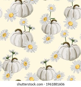 Cute hand drawn pumpkin with camomile flowers seamless pattern, great as Thanksgiving background, textiles, banners, wallpapers, wrapping -  design.