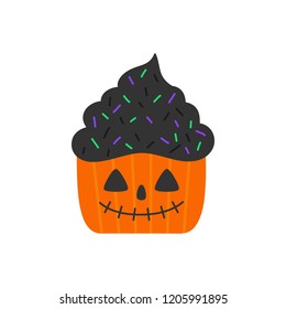 Cute hand drawn pumpkin cupcake vector illustration. Halloween themed and decorated cupcake with black frosting and violet, green and grey sprinkles, isolated.