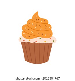 Cute Hand Drawn Pumpkin Cupcake. Vector Illustration With Autumn Mood.