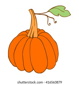 Cute hand drawn pumpkin with green leaf. Design element for food label. 