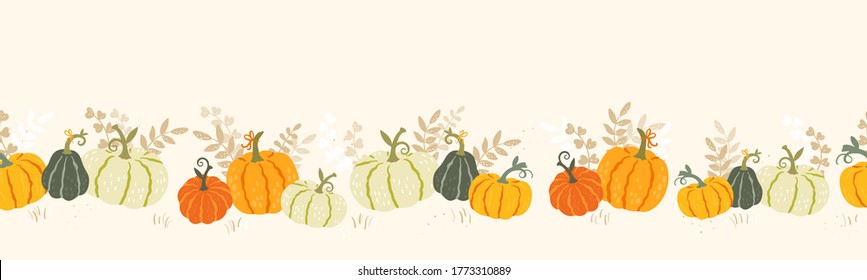 Cute hand drawn pumpkin horizontal seamless pattern, hand drawn pumpkins - great as Thanksgiving background, textiles, banners, wallpapers, wrapping - vector design
