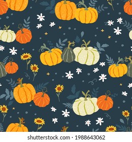 Cute hand drawn pumpkin horizontal seamless pattern, hand drawn pumpkins - great as Thanksgiving background, textiles, banners, wallpapers, wrapping - vector design 