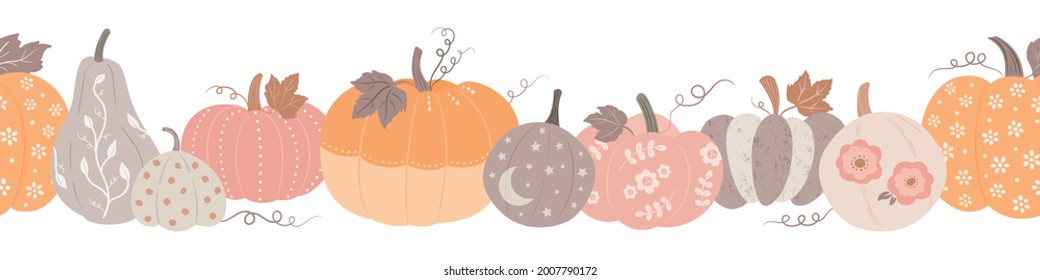 Cute hand drawn pumpkin horizontal seamless pattern, hand drawn pumpkins. Thanksgiving background, textiles, banners, wallpapers, wrapping - vector design