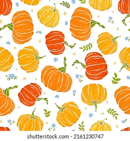 Cute hand drawn pumpkin horizontal seamless pattern, hand drawn pumpkins - great as Thanksgiving background, textiles, banners, wallpapers, wrapping - vector design