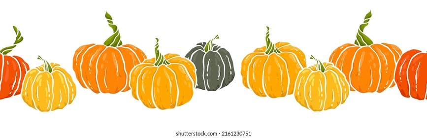 Cute hand drawn pumpkin horizontal seamless pattern, hand drawn pumpkins - great as Thanksgiving background, textiles, banners, wallpapers, wrapping - vector design