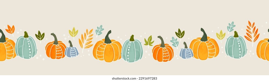 Cute hand drawn pumpkin horizontal seamless pattern, hand drawn pumpkins - great as Thanksgiving background, textiles, banners, wallpapers, wrapping - vector design 