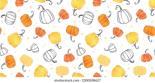 Cute hand drawn pumpkin horizontal seamless pattern, hand drawn pumpkins - great as Thanksgiving background, textiles, banners, wallpapers, wrapping - vector design