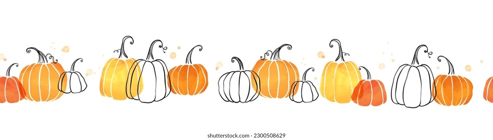 Cute hand drawn pumpkin horizontal seamless pattern, hand drawn pumpkins - great as Thanksgiving background, textiles, banners, wallpapers, wrapping - vector design