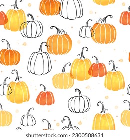 Cute hand drawn pumpkin horizontal seamless pattern, hand drawn pumpkins - great as Thanksgiving background, textiles, banners, wallpapers, wrapping - vector design