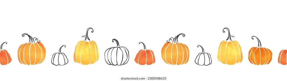 Cute hand drawn pumpkin horizontal seamless pattern, hand drawn pumpkins - great as Thanksgiving background, textiles, banners, wallpapers, wrapping - vector design