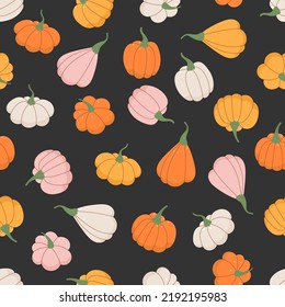 Cute hand drawn pumpkin seamless pattern on a dark background. Perfect for Thanksgiving background textiles banners wallpapers wrapping 