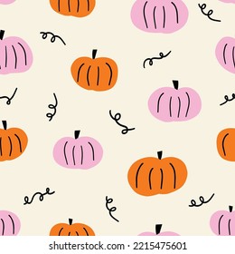 Cute hand drawn pumpkin vector border. Horizontal seamless doodle pattern cute pumpkins orange pink - use as Thanksgiving background, textiles, banners, footer, header, divider. Vector illustration