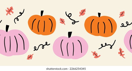 Cute hand drawn pumpkin vector border. Horizontal seamless doodle pattern cute pumpkins orange pink - use as Thanksgiving background, textiles, banners, footer, header, divider. Vector illustration