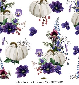 Cute hand drawn pumpkin with violet flowers seamless pattern, great as Thanksgiving background, textiles, banners, wallpapers, wrapping -  design.