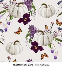 Cute hand drawn pumpkin with violet spring flowers and butterfly seamless pattern, great as Thanksgiving background, textiles, banners, wallpapers, wrapping -  design.